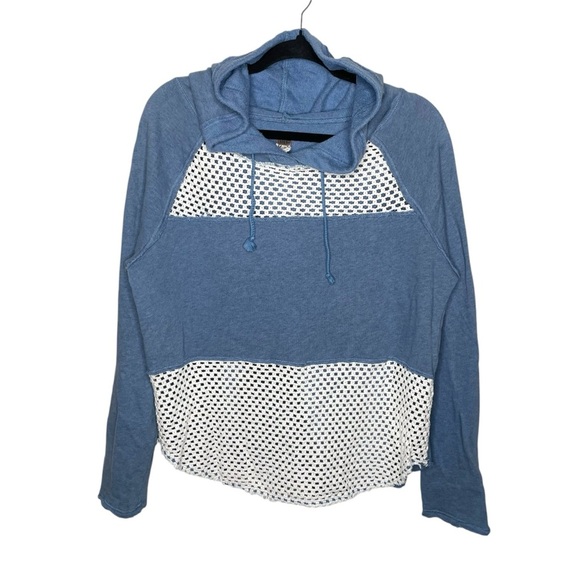 Free People Crochet Panel Blue Pullover Hoodie Sweatshirt Medium - Picture 5 of 13